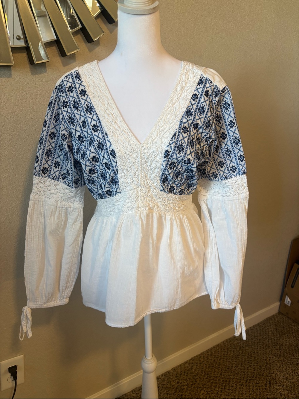 Sundance White Peasant Blouse with Navy Embroidery